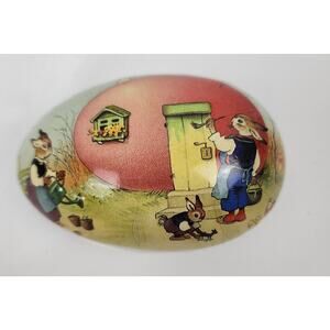 Decorative Easter Paper Mache 4.5" Egg Made In Germany, Rabbit Family Nestler